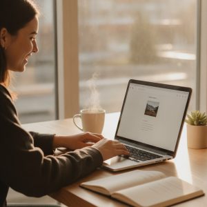 Persona trabajando en un portátil creando contenido para sus redes sociales